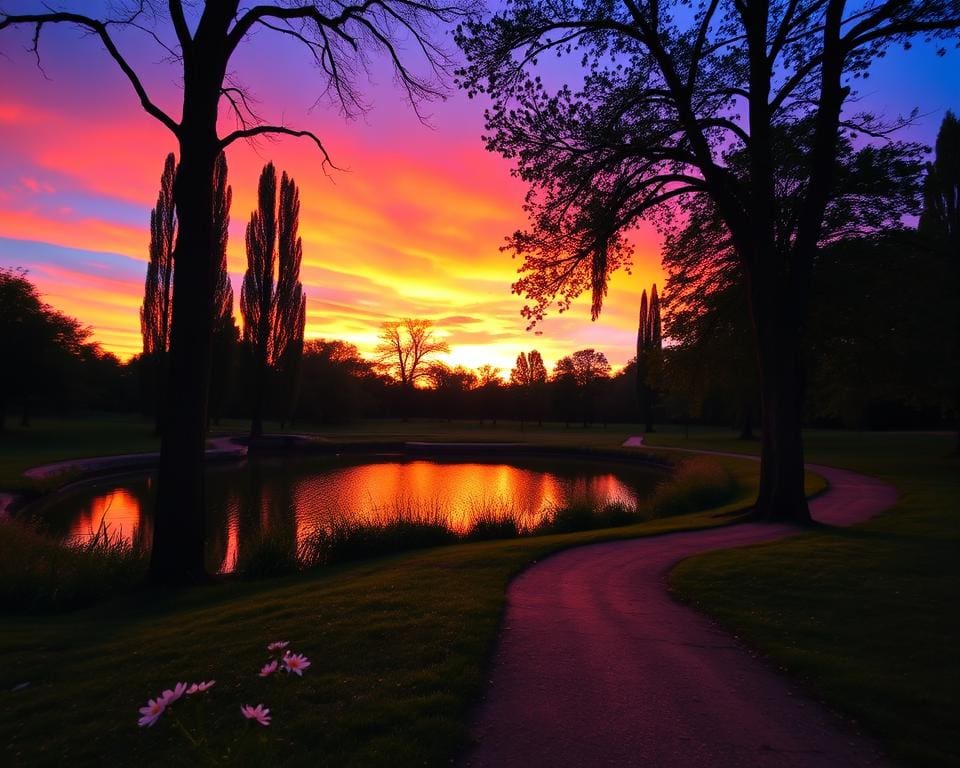 romantische Sonnenuntergänge im Park