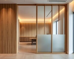Minimalistische Raumteiler aus Holz und Glas