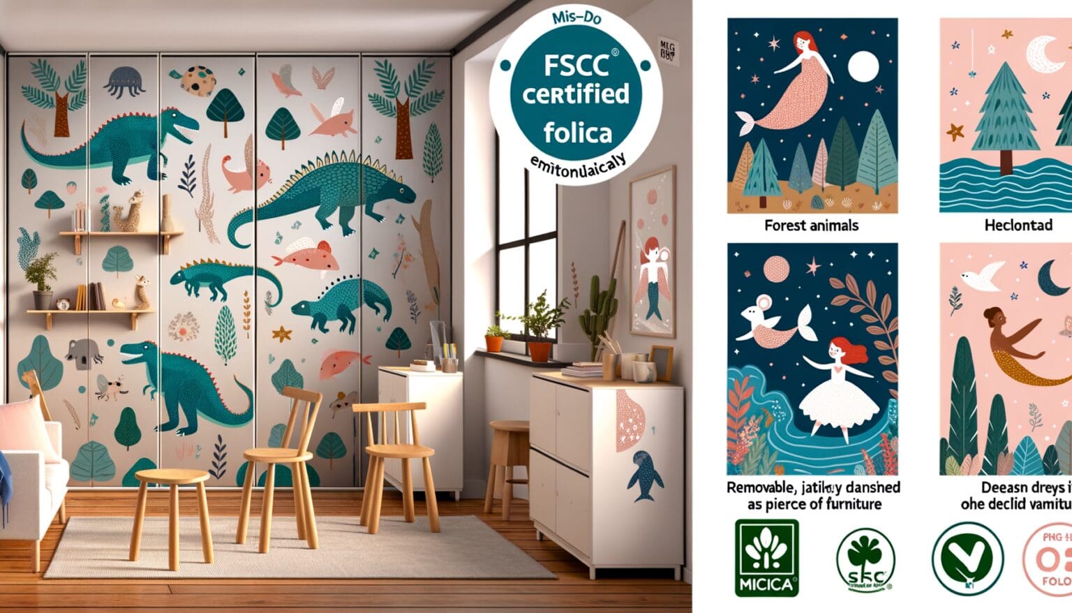 Möbelfolie , Möbelfolie Kinderzimmer, Kinderfreundliche Möbelfolie, Ablösbare Möbelfolie, mica-mica.com, Nachhaltige Möbelfolie, FSC-Zertifizierte Möbelfolie, Möbelfolie Dinosaurier, Möbelfolie Waldtiere, Möbelfolie Hasen Garten, Möbelfolie Abenteuer Straße, Möbelfolie Ballerina Mäuse, Möbelfolie Feuerwehr, Möbelfolie Meerjungfrau, Möbelfolie Herbstwald, DIY Möbelfolie Ideen, Möbelfolie von mica-mica.com