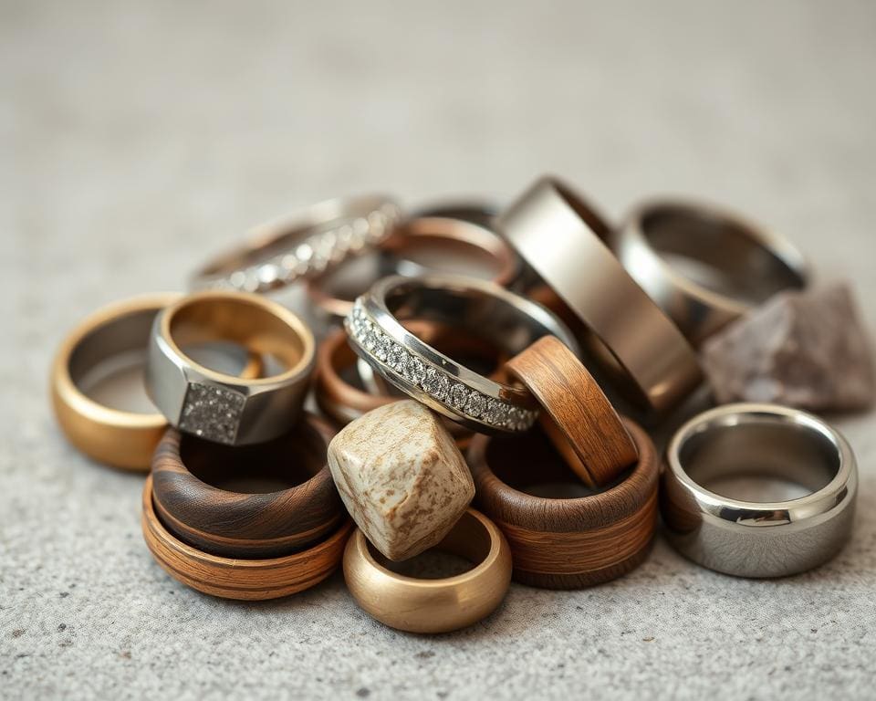 Goldring und Platinring neben alternativen Materialien