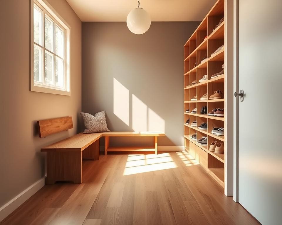 Eingangsbereich mit Sitzbänken und Schuhregalen